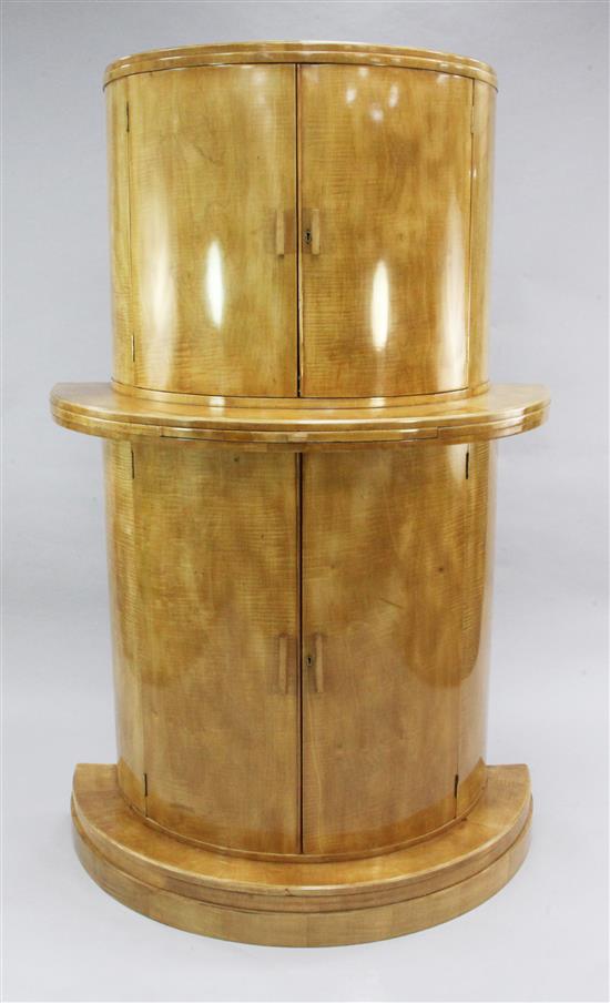 An Art Deco satin birch demi lune cocktail cabinet, W.3ft 6in.